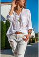 Womens White Washed Linen Half Pop Loose Blouse GK-RSD2020