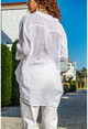 Kadın Beyaz Yıkamalı Keten Yarım Patlı Salaş Bluz GK-RSD2020