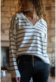 Womens White Soft Textured Striped Polo Collar Sweater GK-DM1362