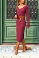 Womens Burgundy Buttoned V-Neck Knitwear Dress GK-TD3061