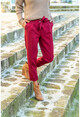 Womens Claret Red Self-Belt Pile Cuffed Pencil Pants BST2093