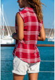 Womens Claret Red Sleeveless Square Pattern Special Textured Shirt GK-BST2878K