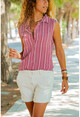 Womens Claret Red Sleeveless Special Textured Striped Shirt GK-BST2878C