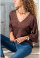 Womens Burgundy V-Neck Self-Glittering Loose Blouse GK-BST2991