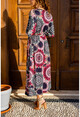 Kadın Bordo V Yaka Mandala Desen Beli Büzgülü Salaş Elbise GK-TD411