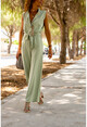 Womens Almond Green Half-Pleated Waist Pleated Belt Wide Leg Jumpsuit BST3125