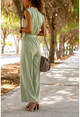 Womens Almond Green Half-Pleated Waist Pleated Belt Wide Leg Jumpsuit BST3125