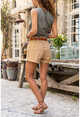 Womens Camel Waist Pleated High Waist Buttoned Double Leg Shorts GK-CM217