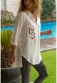 Womens Ecru Pockets Embroidered Side Button Shirt GK-AYN1715