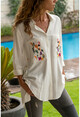 Womens Ecru Pockets Embroidered Side Button Shirt GK-AYN1715