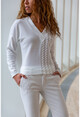 Womens Ecru Patterned Block V-Neck Sweater BST2798