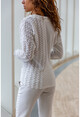 Womens Ecru Patterned Block V-Neck Sweater BST2798