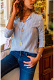 Womens Ecru-Blue Collar Striped Crepe Blouse BST2253