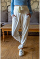 Womens Ecru Ecru Elastic Self Belted Pocket Loose Knitwear Sweatpants GK-DM1379