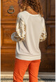 Womens Ecru Raglan Sleeve Ethnic Foil Printed Loose Sweater GK-MRL5