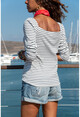 Kadın Ekru-Siyah Öpücük Yaka Omzu Lastikli Bluz GK-BST2915
