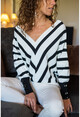 Womens Ecru-Black V-Neck Slant Striped Sleeve Buttoned Sweater GK-DM1314