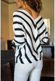 Womens Ecru-Black V-Neck Slant Striped Sleeve Buttoned Sweater GK-DM1314