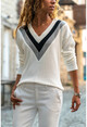 Womens Ecru V-Neck Color Block Sweater Gk-BSTM2750