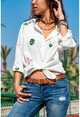Kadın Ekru Yaprak Nakışlı Oversize Gömlek AYN1743