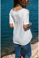 Kadın Ekru Yıkamalı Fileli Tek Cep Salaş T-Shirt GK-RSD2030