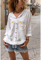 Womens Ecru Washed Linen Mesh Star Sequin Hooded Blouse GK-RSD2046