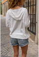Womens Ecru Washed Linen Mesh Star Sequin Hooded Blouse GK-RSD2046