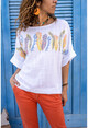 Womens Ecru Washed Linen Feather Printed Loose Blouse GK-RSD2022