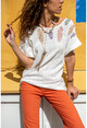 Kadın Ekru Yıkamalı Keten Yaprak Pullu Salaş Bluz GK-RSD2044