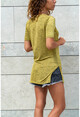 Kadın Fıstık Yeşili Yanları Yırtmaçlı V Yaka Tunik Bluz GK-BST2197