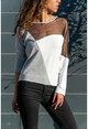 Kadın Gri-Beyaz Tül Garnili Color Block Sweatshirt GK-BST2805