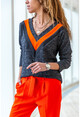 Womens Black Orange V Neck Leaf Garnish Sweater GK-BST2807