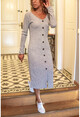 Womens Gray Buttoned V-Neck Knitwear Dress GK-TDY3061