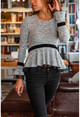 Womens Gray Skirt Sleeves Tulle Ruffle Blouse BST2457