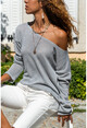 Womens Gray Boat Neck Loose Openwork Slim Knitted Blouse GK-BST2977