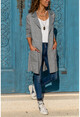 Womens Gray Self-Textured Double Pocket Long Jacket Cardigan GK-BST3010