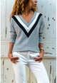 Womens Gray V-Neck Color Block Sweater Gk-BSTM2750