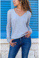 Womens Gray V-Neck Slim Knitted Basic Sweater GK-JR225