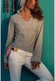 Womens Gray V-Neck Hooded Pullover Gk-BSTM2751