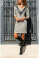 Womens Gray V-Neck Self Patterned Leather Garnish Block Dress GK-BST2994