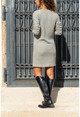 Kadın Gri V Yaka Kendinden Desenli Deri Garnili Bloklu Elbise GK-BST2994