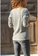 Womens Gray V-Neck Patterned Leather Garnish Block Sweater GK-BST2987