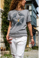 Kadın Gri Yıkamalı Fileli Yıldız Baskılı Salaş T-Shirt GK-RSD2031