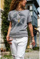 Womens Gray Washed Mesh Star Printed Loose T-Shirt GK-RSD2031