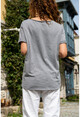 Kadın Gri Yıkamalı Fileli Yıldız Baskılı Salaş T-Shirt GK-RSD2031