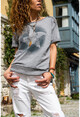 Womens Gray Washed Mesh Star Printed Loose T-Shirt GK-RSD2031