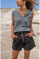 Womens Gray Washed Linen Embroidered Half Pat Sleeveless Blouse with Pocket GK-RSD2042