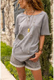 Womens Gray Washed Linen Daisy Printed Button Detailed Loose Blouse GK-RSD2057