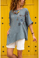 Womens Gray Washed Linen Star Sequin Asymmetric Cut Loose Blouse GK-RSD2022