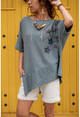 Kadın Gri Yıkamalı Keten Yıldız Pullu Asimetrik Kesim Salaş Bluz GK-RSD2022